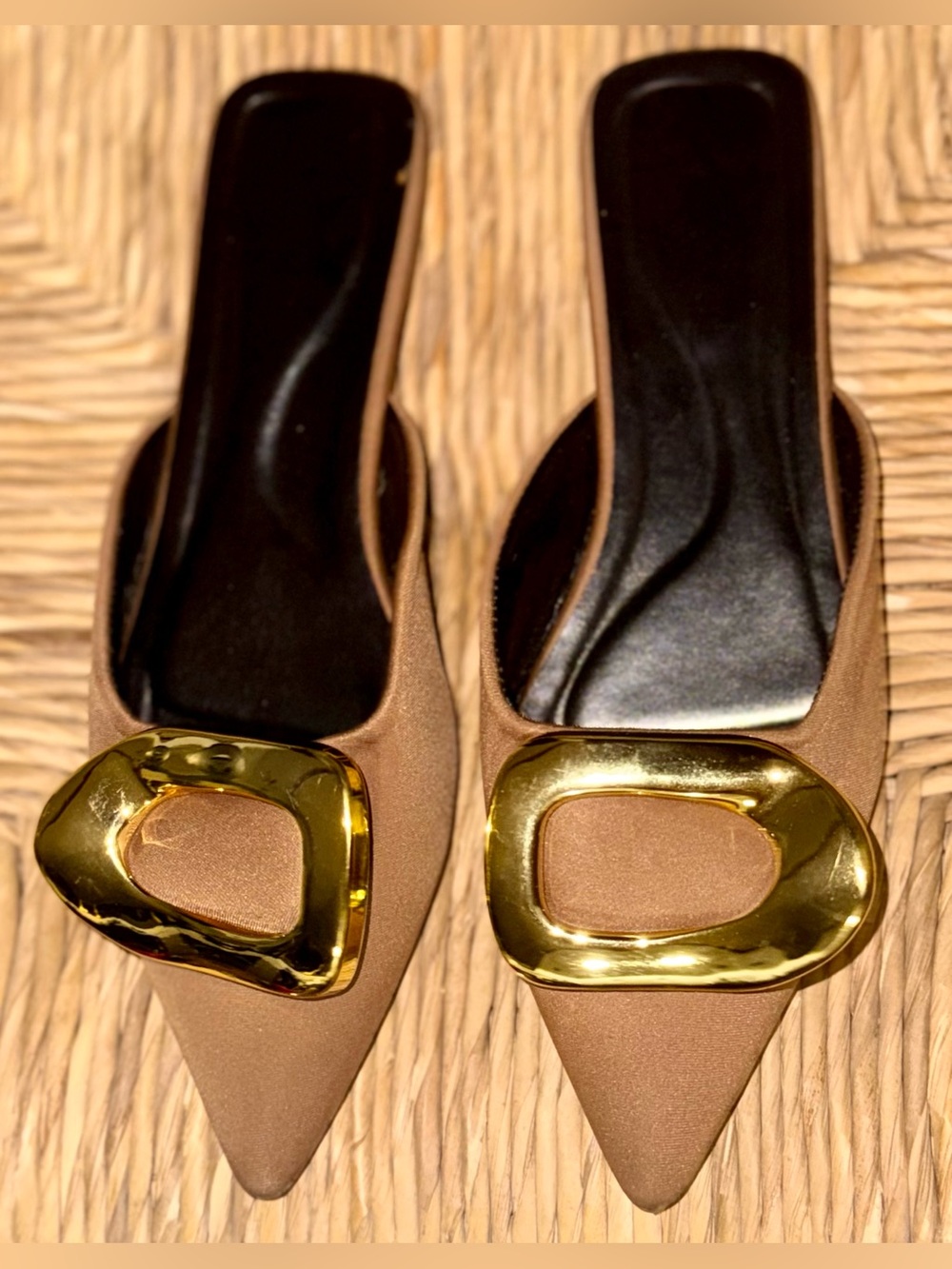 Women’s Pointed Toe Slide Mules with Gold Accent - Tan - Picture 1 of 6
